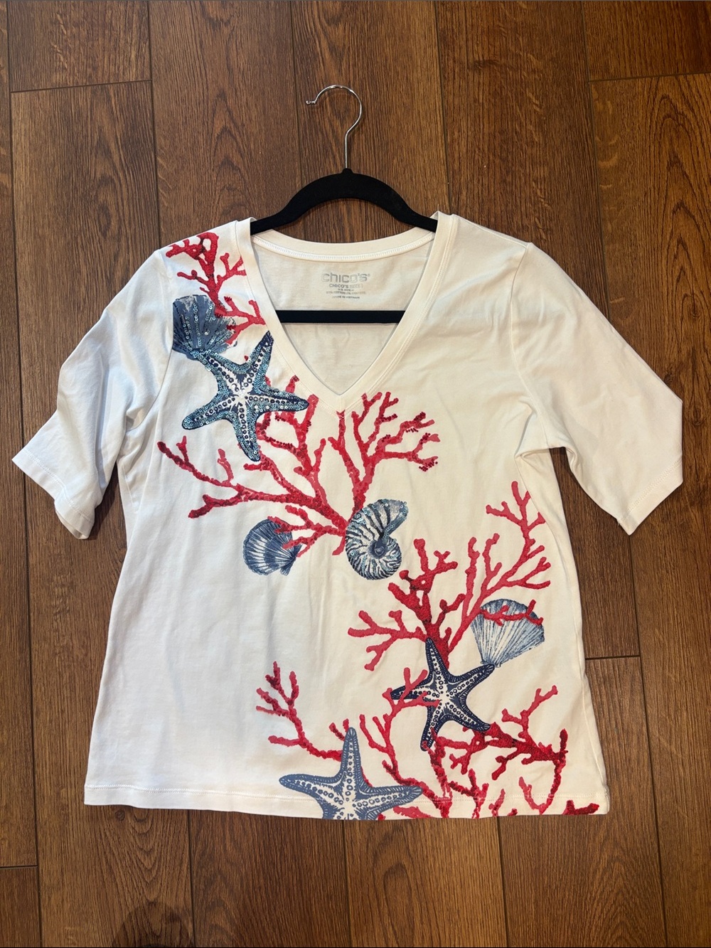 Chico's White V‑Neck Short Sleeve Tee with Red Coral & Blue Sea Life Embroidery
